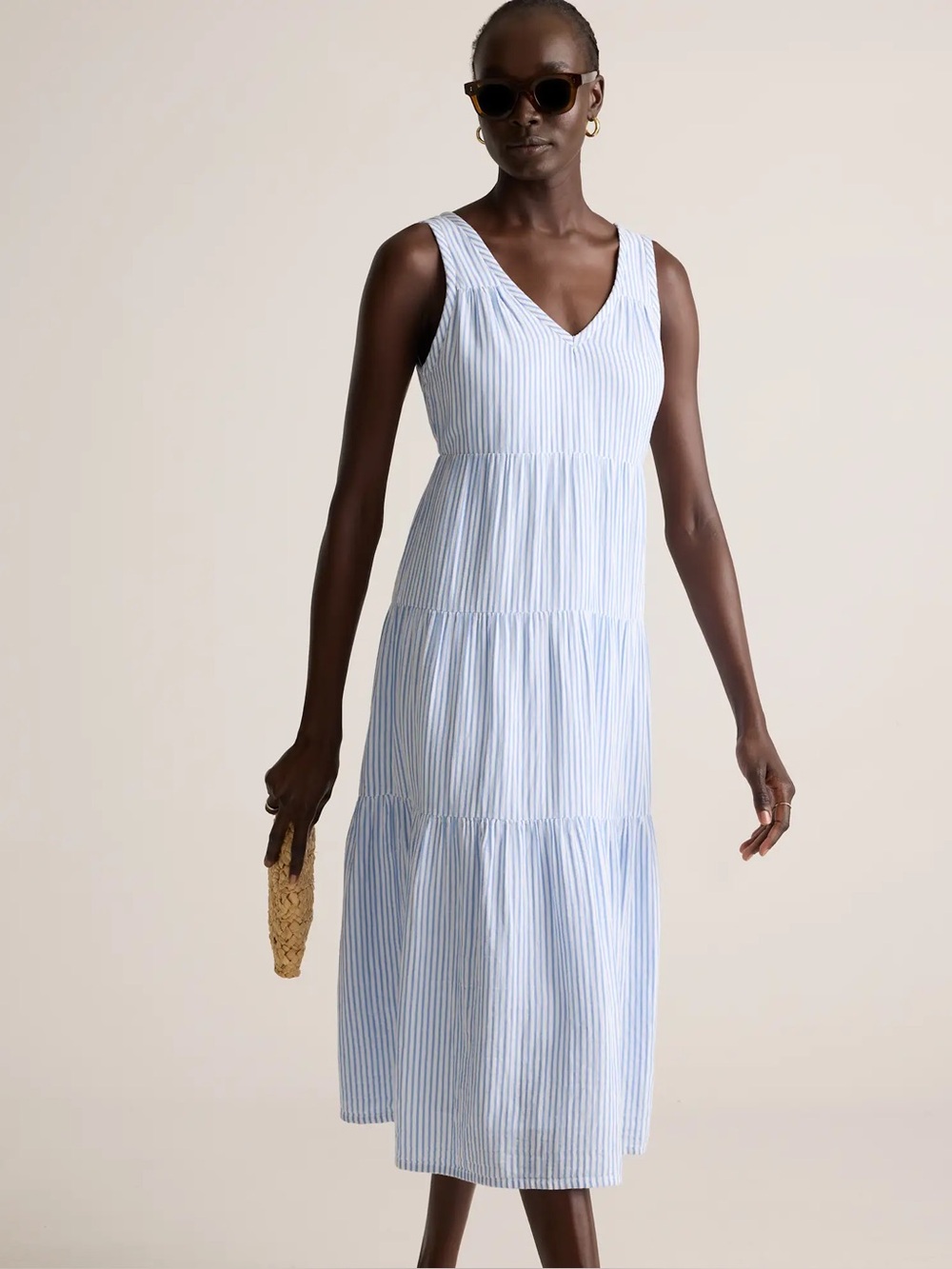 Quince 100% Organic Cotton Gauze Tiered Maxi Dress Bayside Stripe Blue/White XL